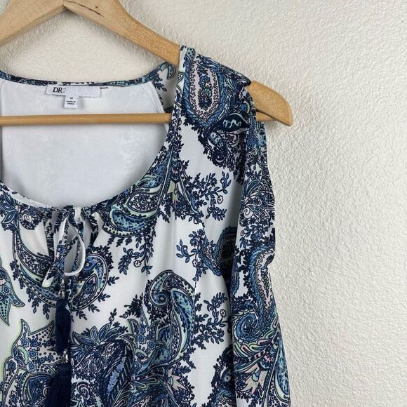 DR2 Women's M Long Sleeve Cold Shoulder Dress Blue Paisley Bohemian Western‎ - Picture 3 of 12